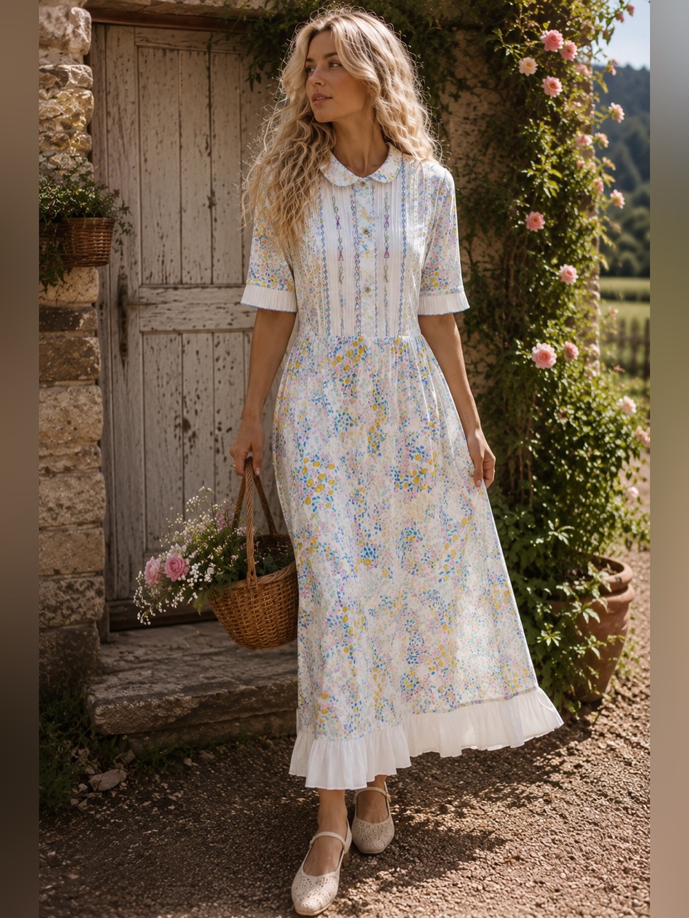 Vintage Creazioni White Floral Maxi Dress Size 50 Embroidered